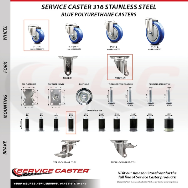 Service Caster 3 Inch 316SS Blue Polyurethane Swivel 1-1/8 Inch Expanding Stem Caster Set SCC SCC-SS316EX20S314-PPUB-BLUE-118-4 - main